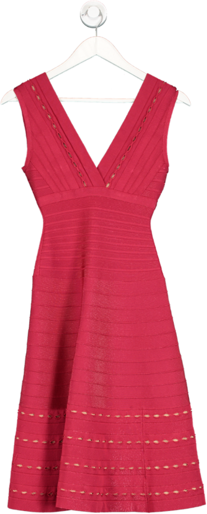 Herve Leger Red Flared Skirt Bandeau Midi Dress UK XS