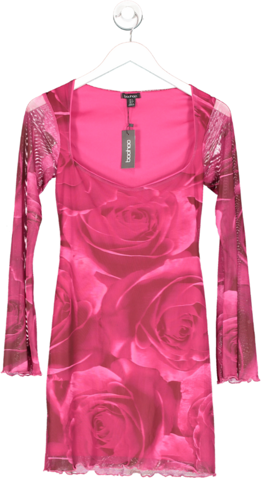 boohoo Pink Floral Mesh Flare Sleeve Mini Dress UK 8