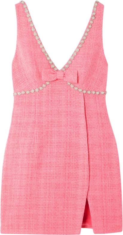 SELF PORTRAIT Pink Embellished Bow-detailed Bouclé-tweed Mini Dress UK 4