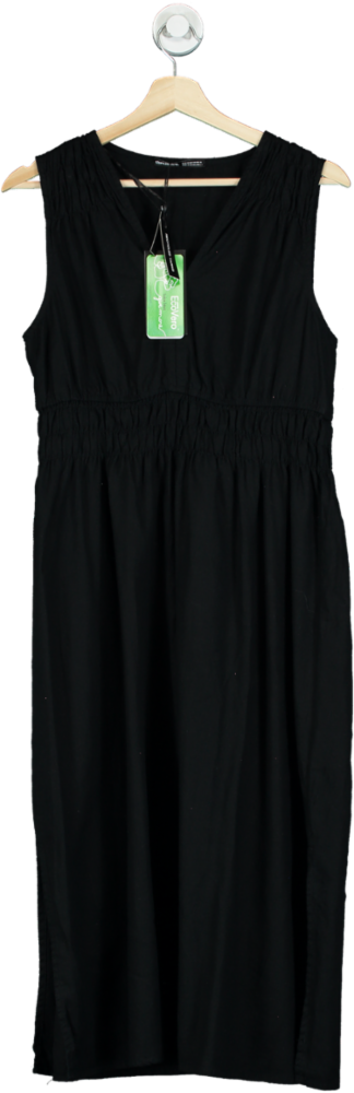 Threadbare Black Linen Vispeffercon Waist Tie Mid Dress UK 12