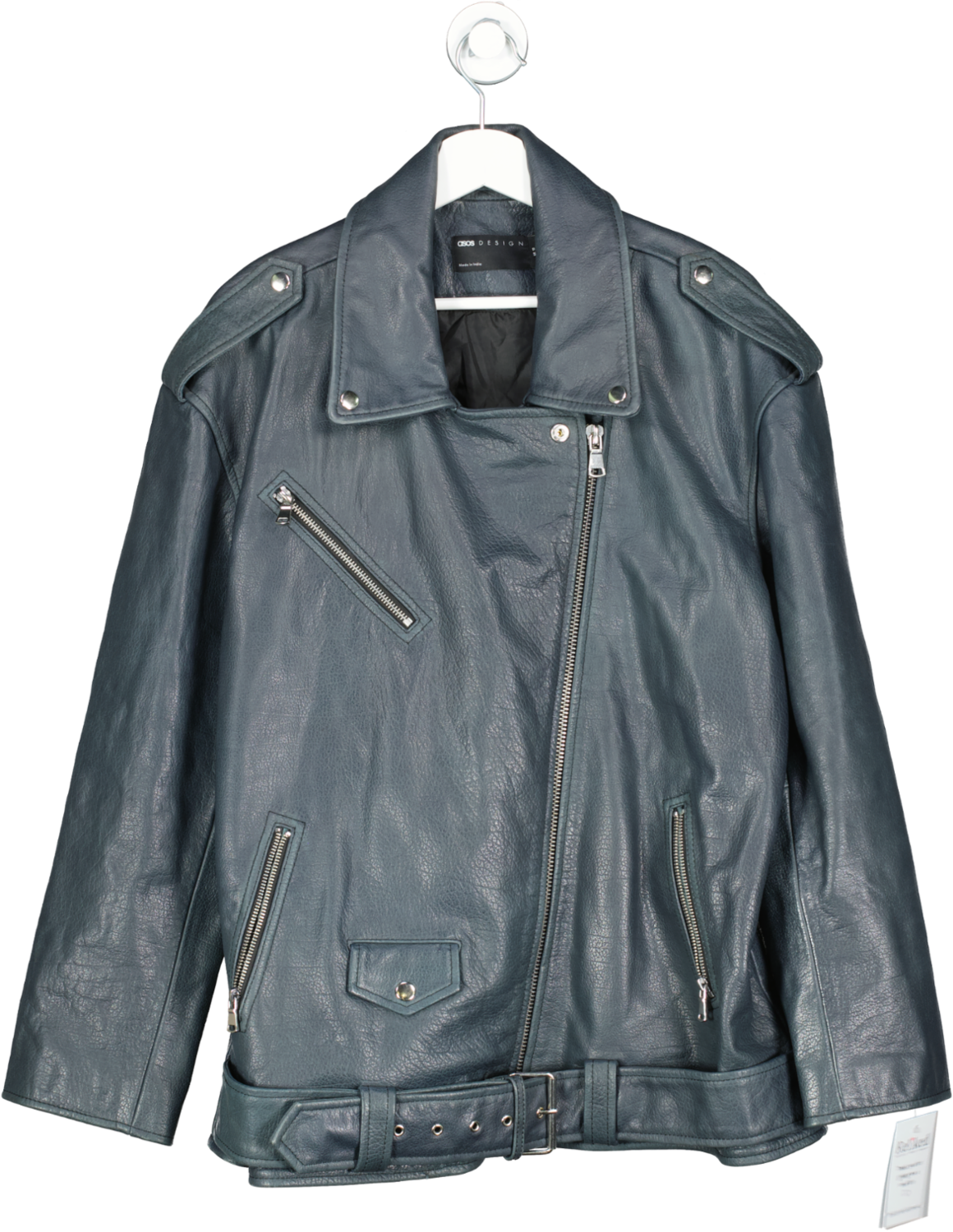 ASOS Blue Oversized Premium Real Washed Leather Biker Jacket UK 10
