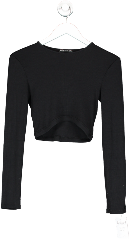 ZARA Black Long Sleeve Rib Knit Crop Top UK S