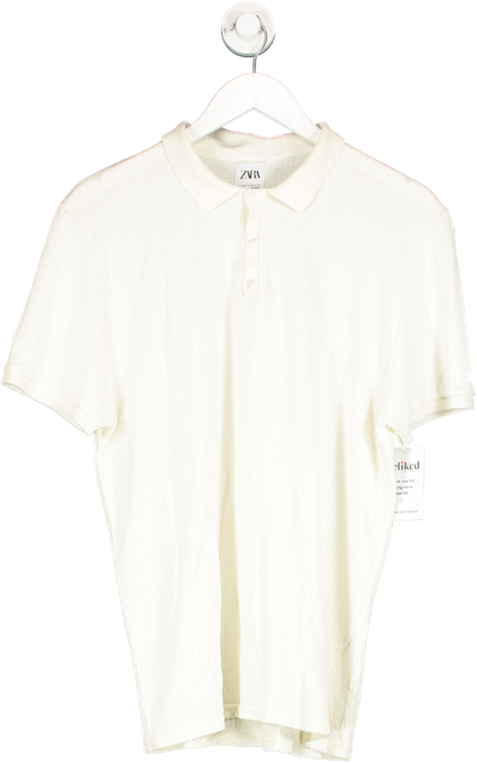 ZARA White Fine Knit Polo Shirt UK M