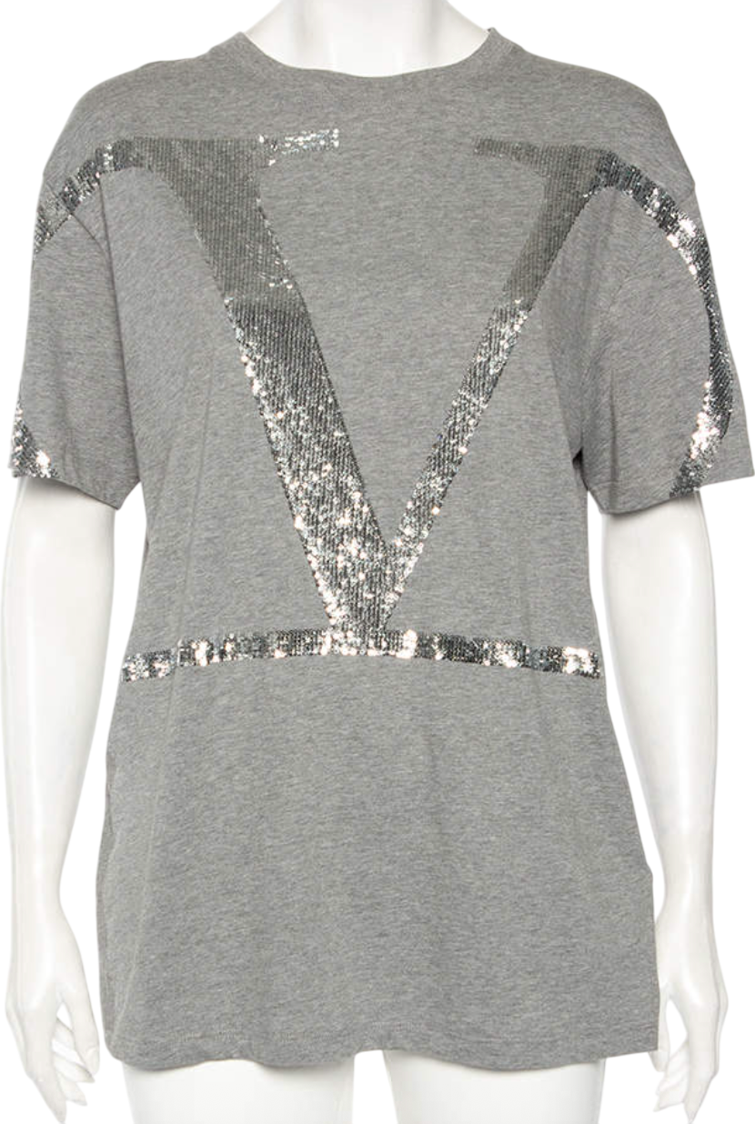 Valentino Grey Cotton V-Logo Sequins Embellished T-shirt UK XS