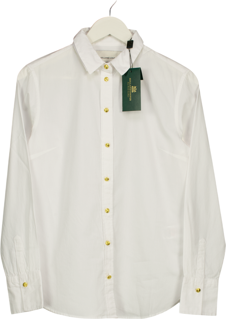 HOLLAND COOPER White 100% Cotton Classic Fit Shirt With Gold Logo Buttons UK 10