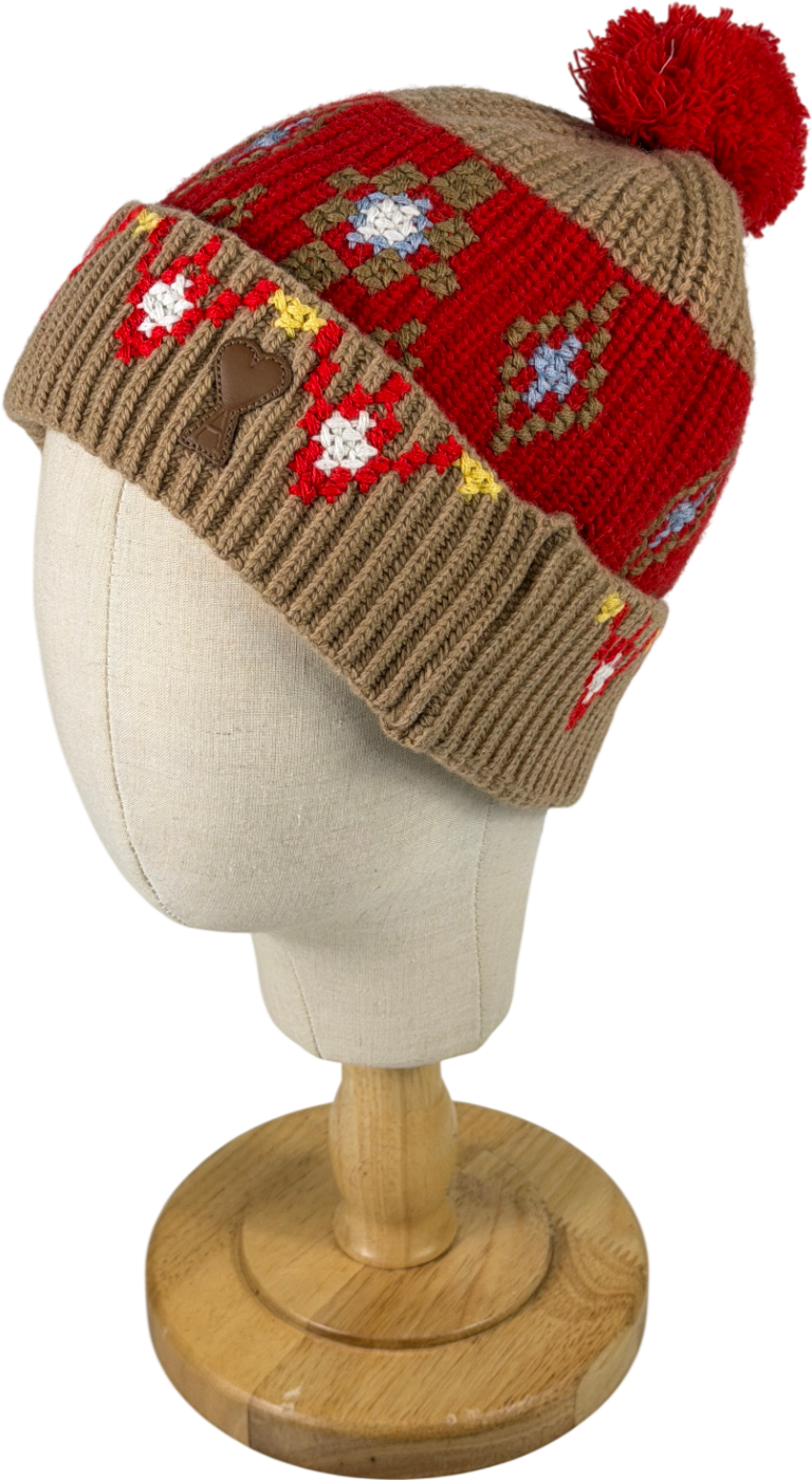 AMI Paris Camel / Red Intarsia-knit Wool Beanie Hat One Size