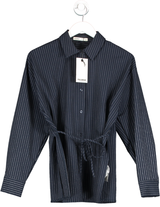 Pull&Bear Pinstripe Open Back Shirt In Navy Blue UK S