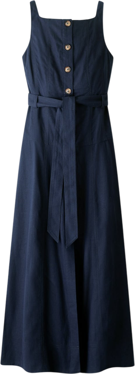ME + EM Navy Blue Button Front Maxi Dress Crease-less Linen UK 8