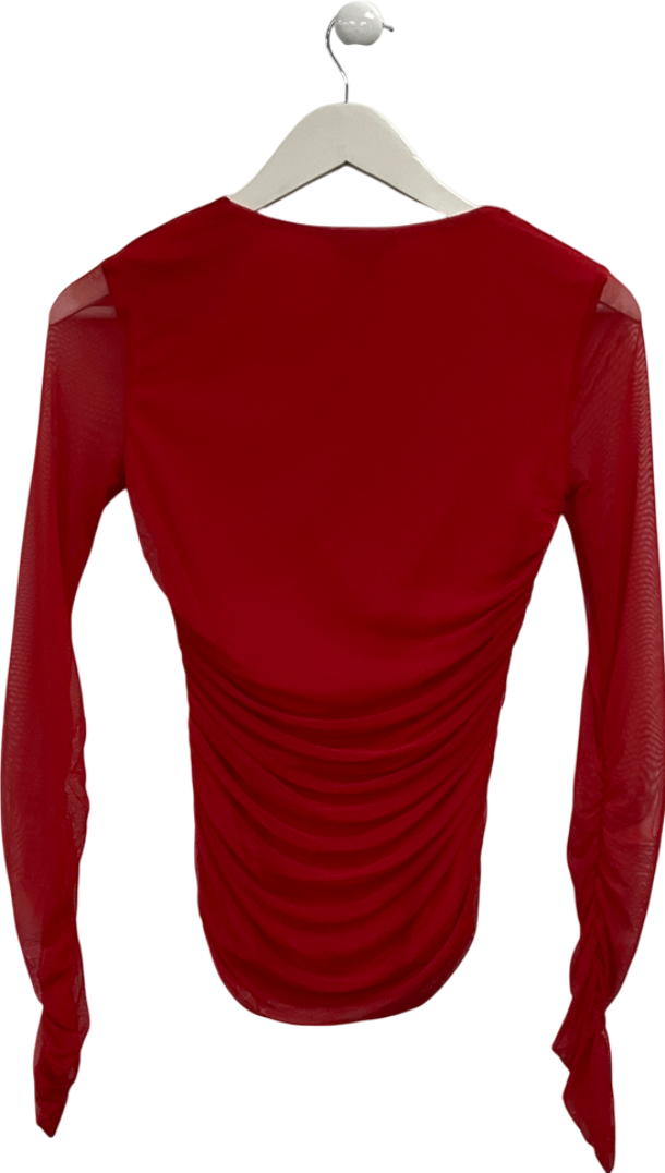 River Island Red Asymmetric Neck Ruched Mesh Top UK S