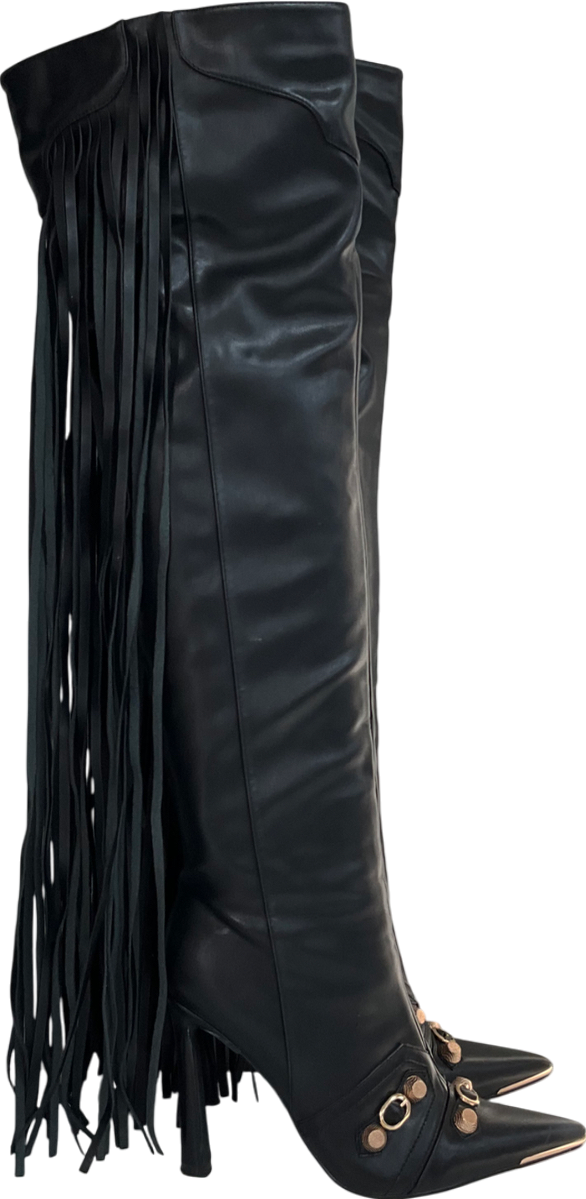 Simmi London Gethin Black Fringe Studded Knee High Boots UK 9 EU 42 👠