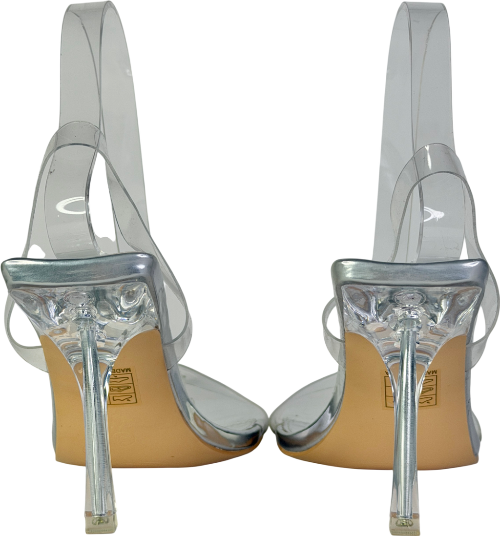 Public Desire Metallic Silver Perspex Wide Fit Square Toe Slingback Mid Heels UK 5 EU 38 👠