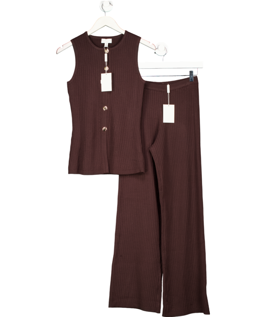 PRETTY LAVISH 2-piece Chocolate Brown Gabriella Crochet Knit Trousers  And Waistcoat Top UK XS