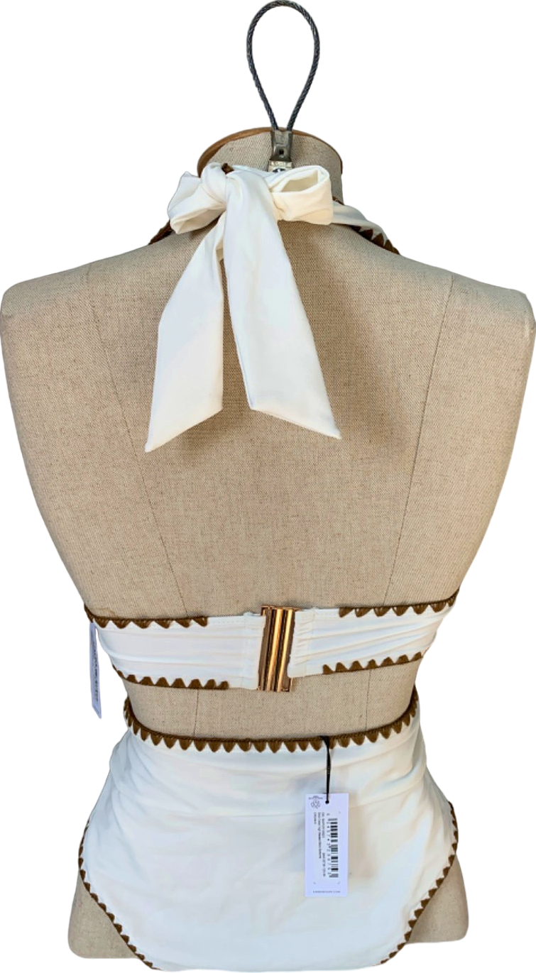 Karen Millen Cream Stitch Detail Plunge Bikini Top and High Waisted Bikini Bottoms UK XS/S