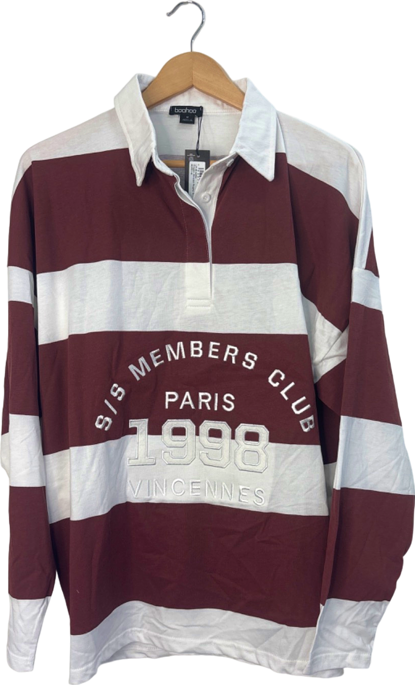 Boohoo Berry Slogan Striped Rugby Shirt M
