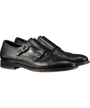 Santoni Black Leather Double Buckle Shoe UK 10.5 EU 44.5