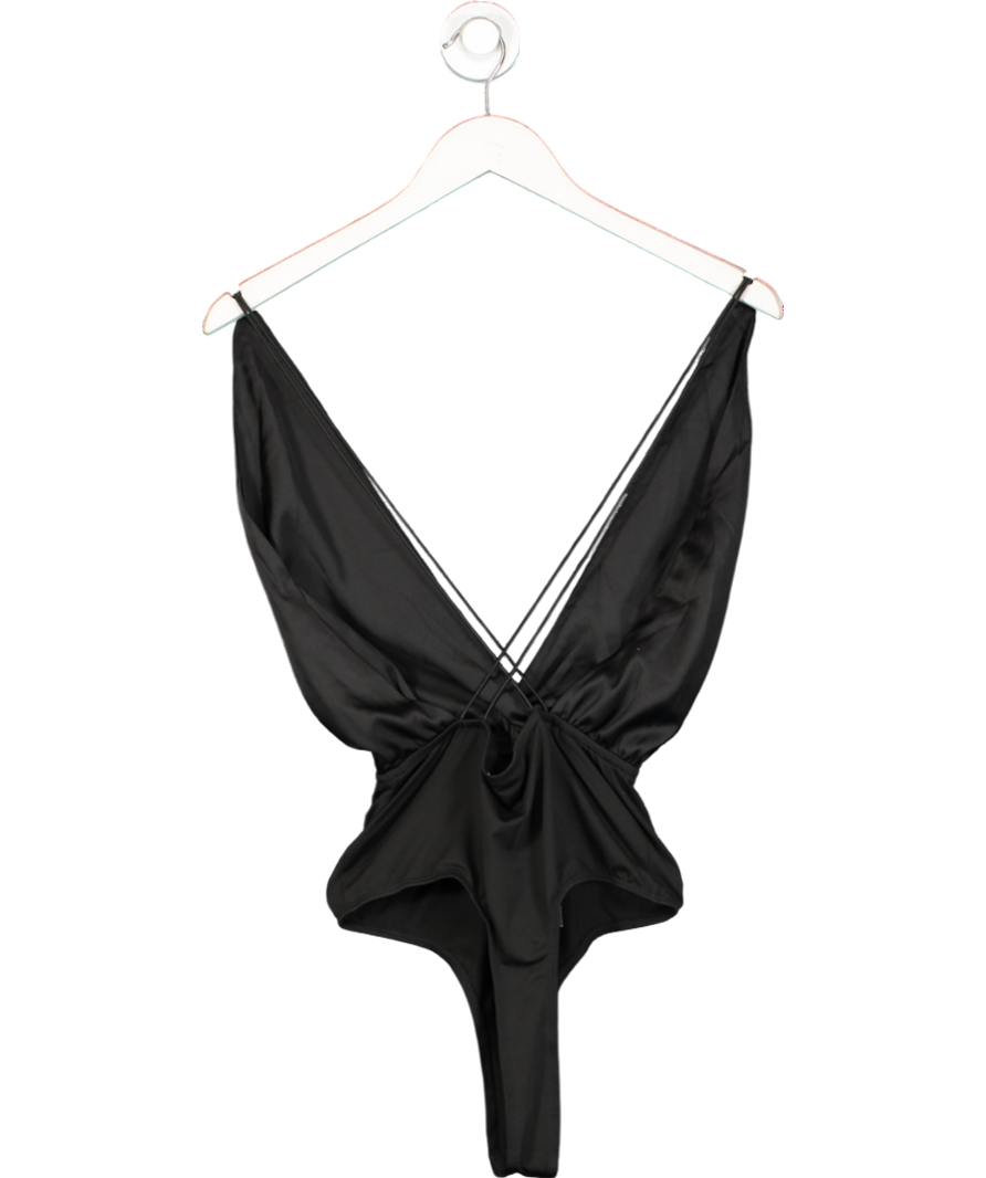 Superdown Black Satin Deep V Bodysuit UK XS