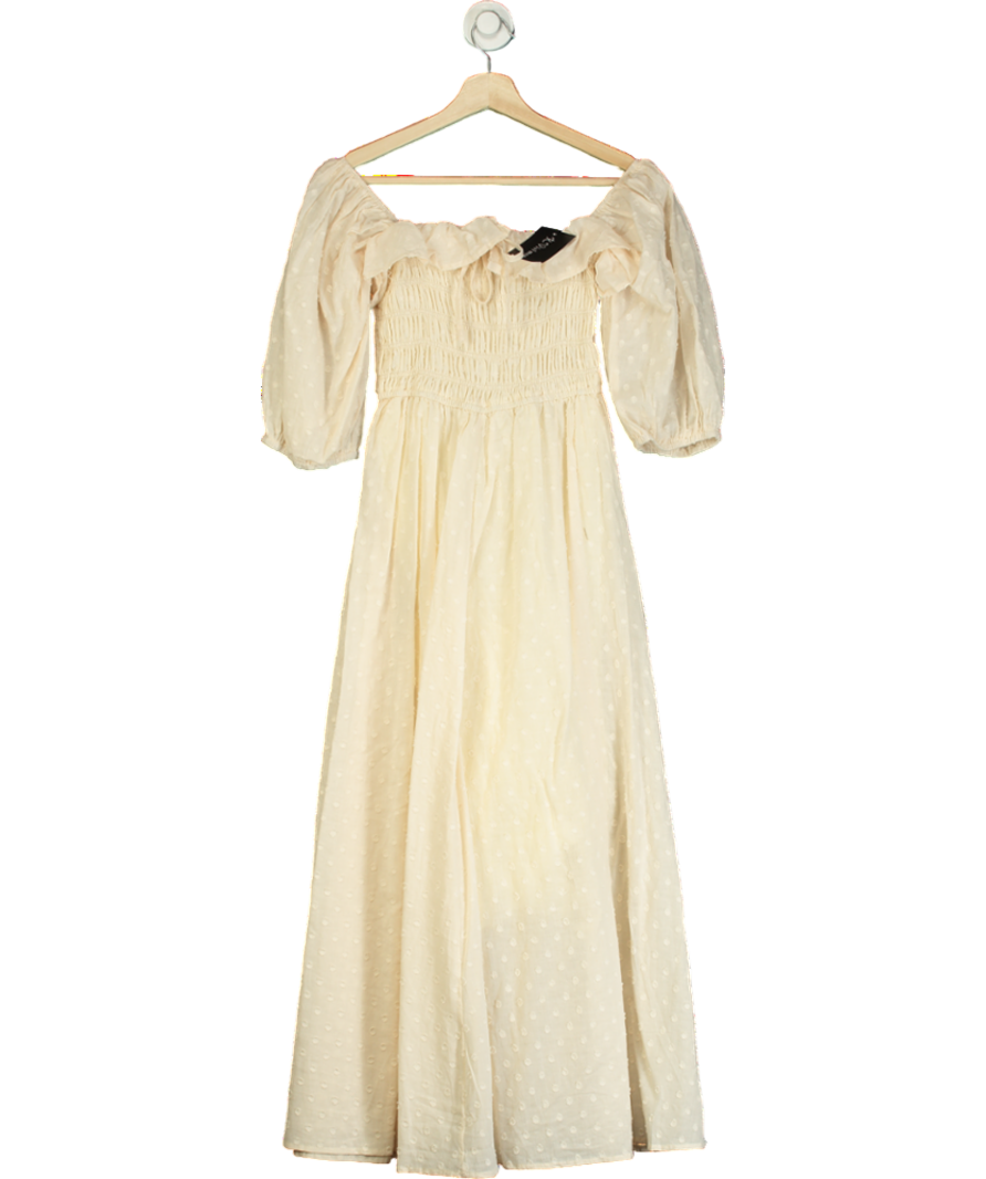 R.Vivimos Cream Square Neck Puff Sleeve High Waist Midi Dress UK S