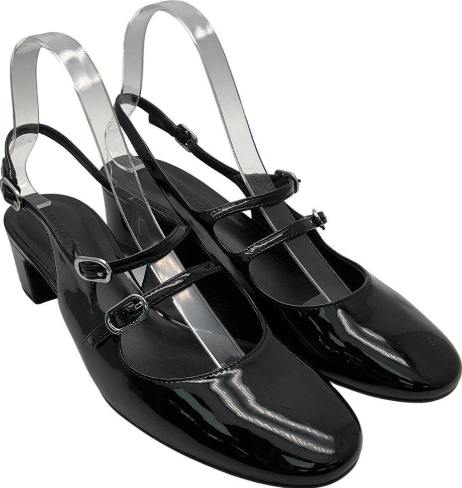Charles & Keith Black Patent Double Buckle Sling Back Kitten Heels UK 5 EU 38 👠