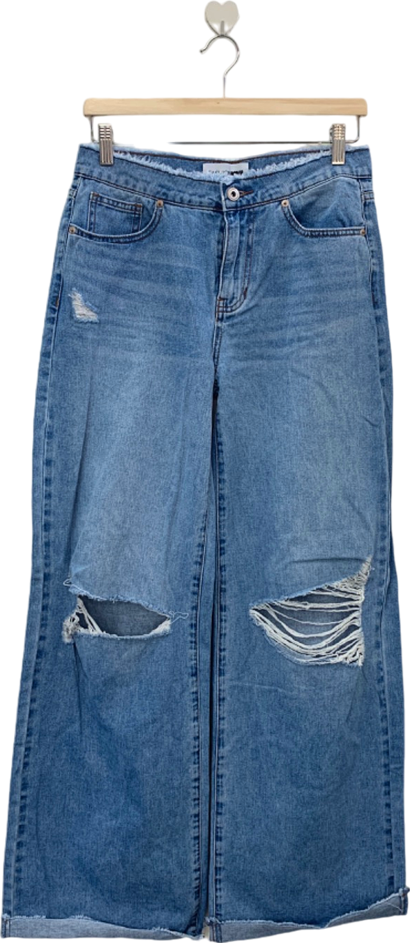Fashion Nova Blue Distressed Wide Leg Jeans UK W24-25