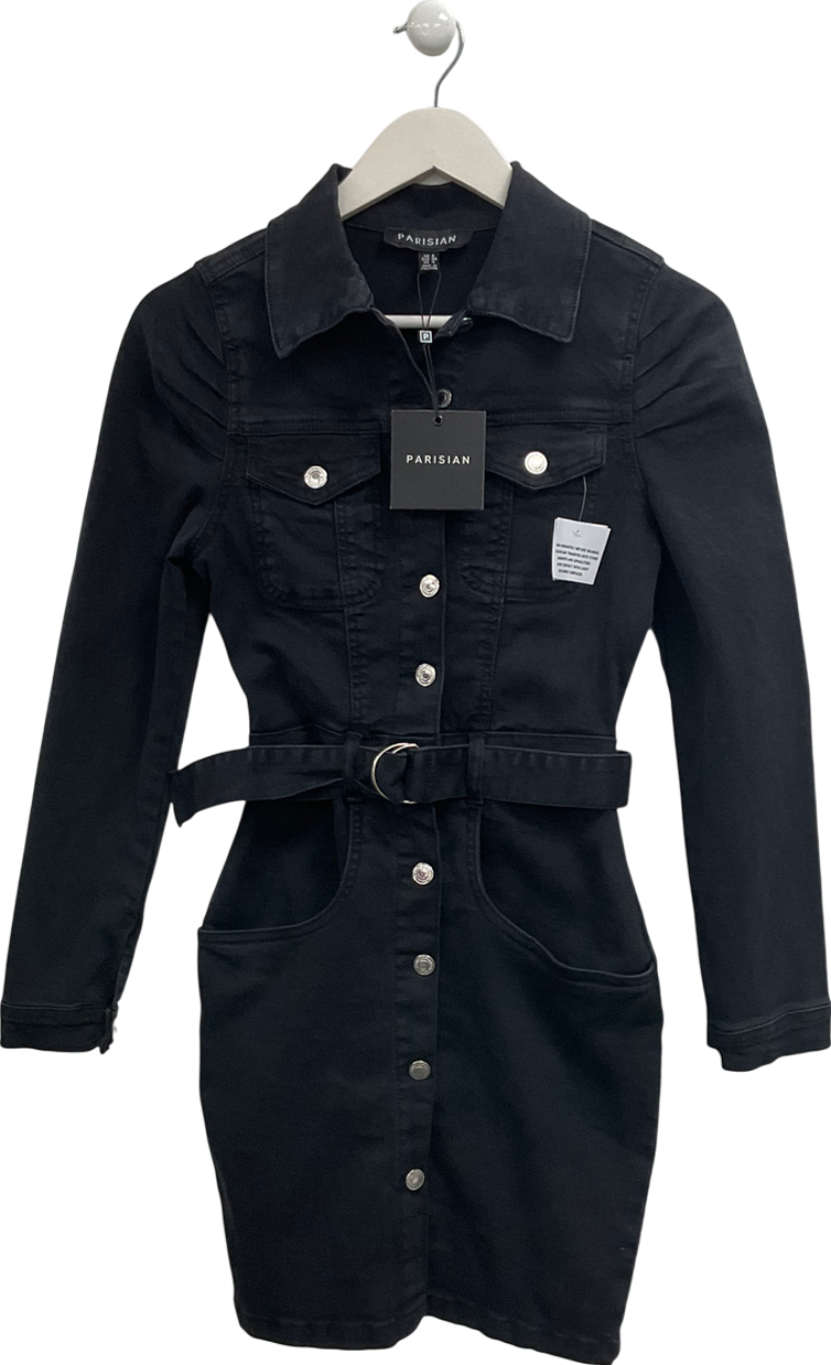 Parisian Black Long Sleeve Belted Denim Dress UK 8