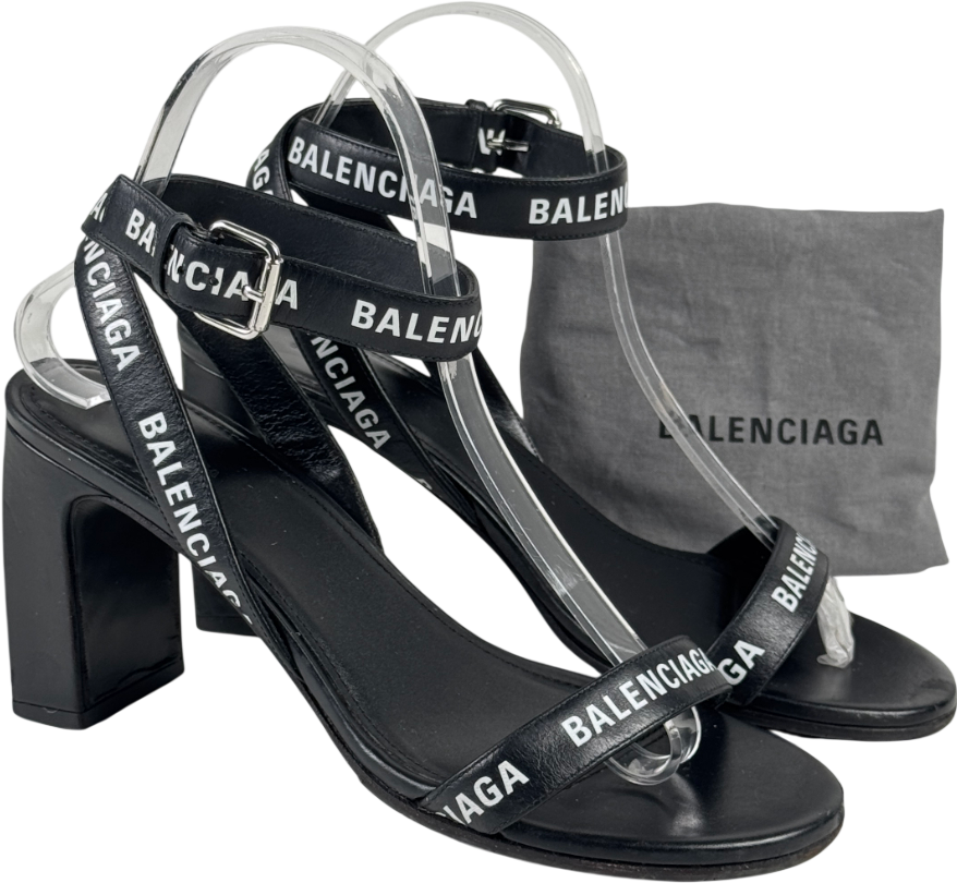BALENCIAGA Black Logo-print Leather Heeled Sandals UK 5 EU 38 👠