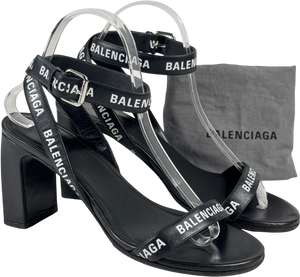 BALENCIAGA Black Logo-print Leather Heeled Sandals UK 5 EU 38