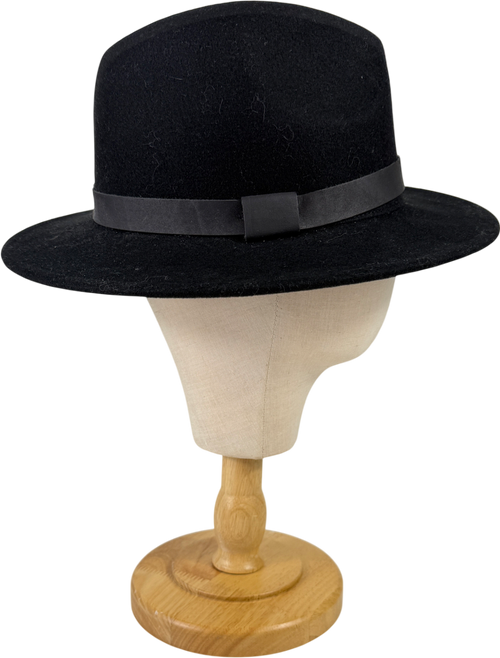 All Saints Black Bronson Wide Brim Wool Fedora Hat UK M/L