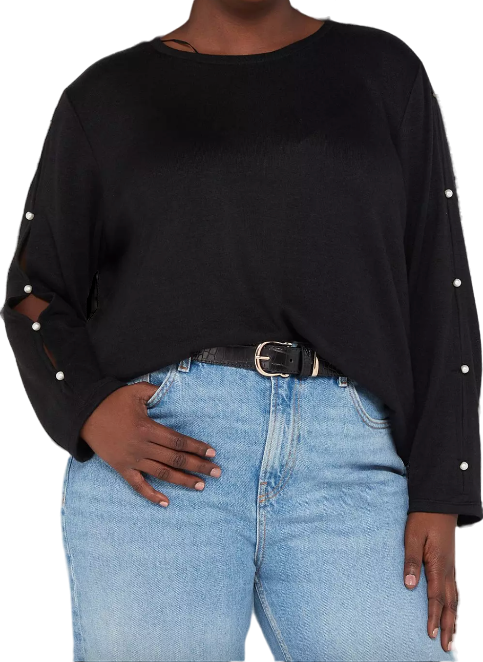 V by Very Curve Crew Neck Pearl embellished Sleeve Detail Top - Black UK 14