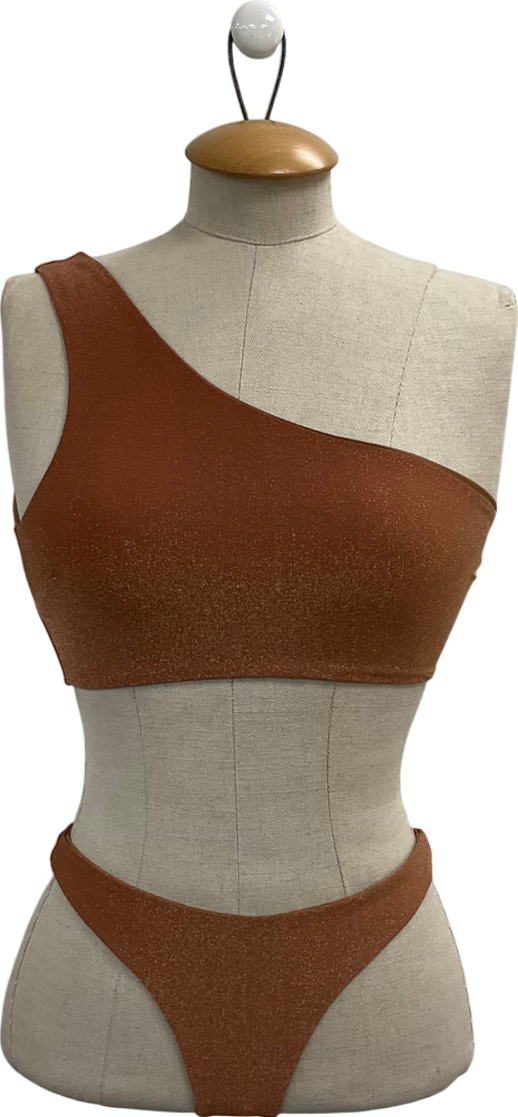 Away That Day Brown Shimmer Lurex One Shoulder Bikini UK XS