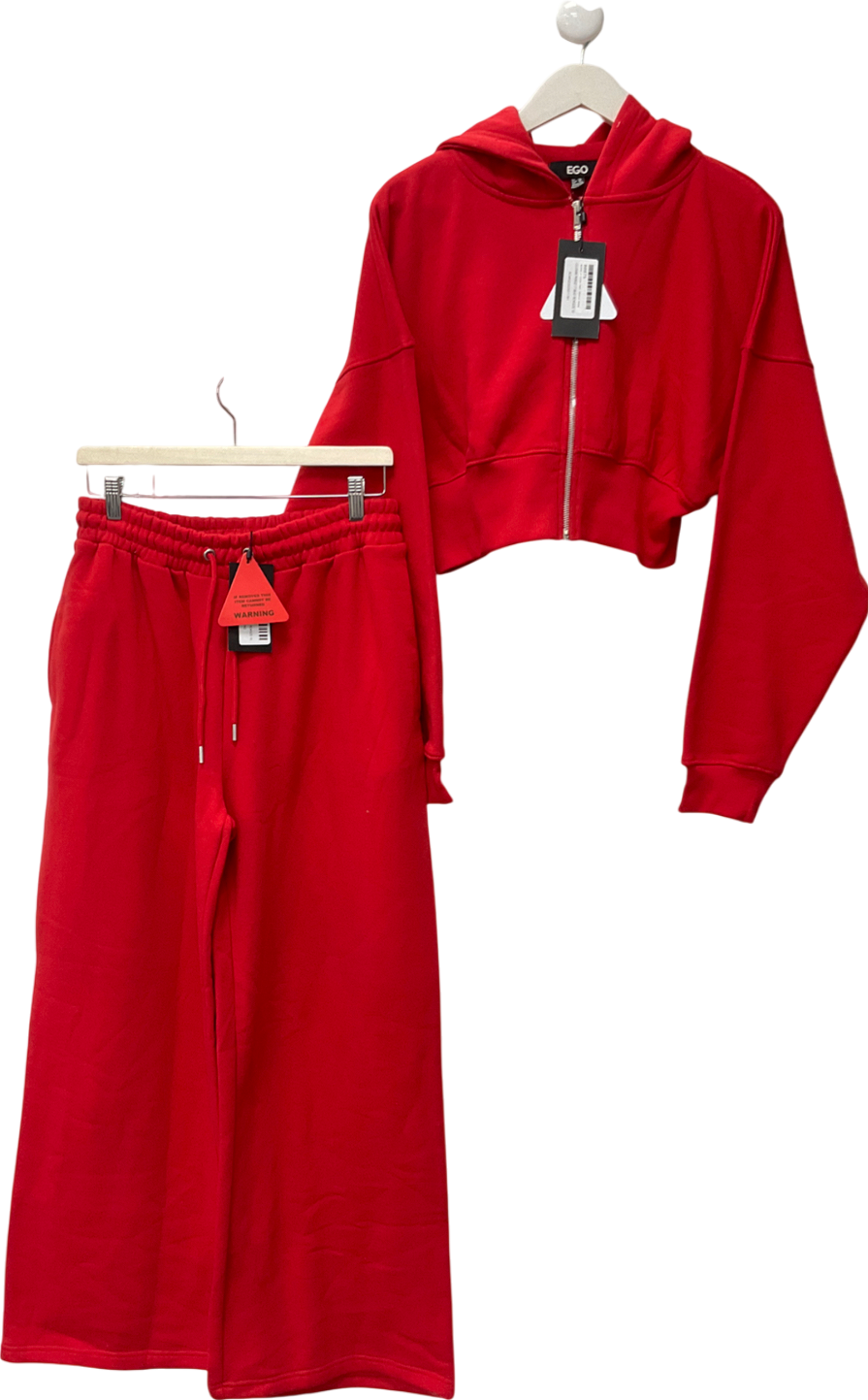 Ego Red Drawstring Waist Wide Leg Joggers & Cropped Zip Up Hoodie UK 10