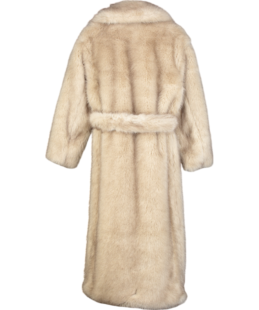 4th & Reckless Beige Faux Fur Oversized Tie Waist Maxi Coat- Schiffer UK 10