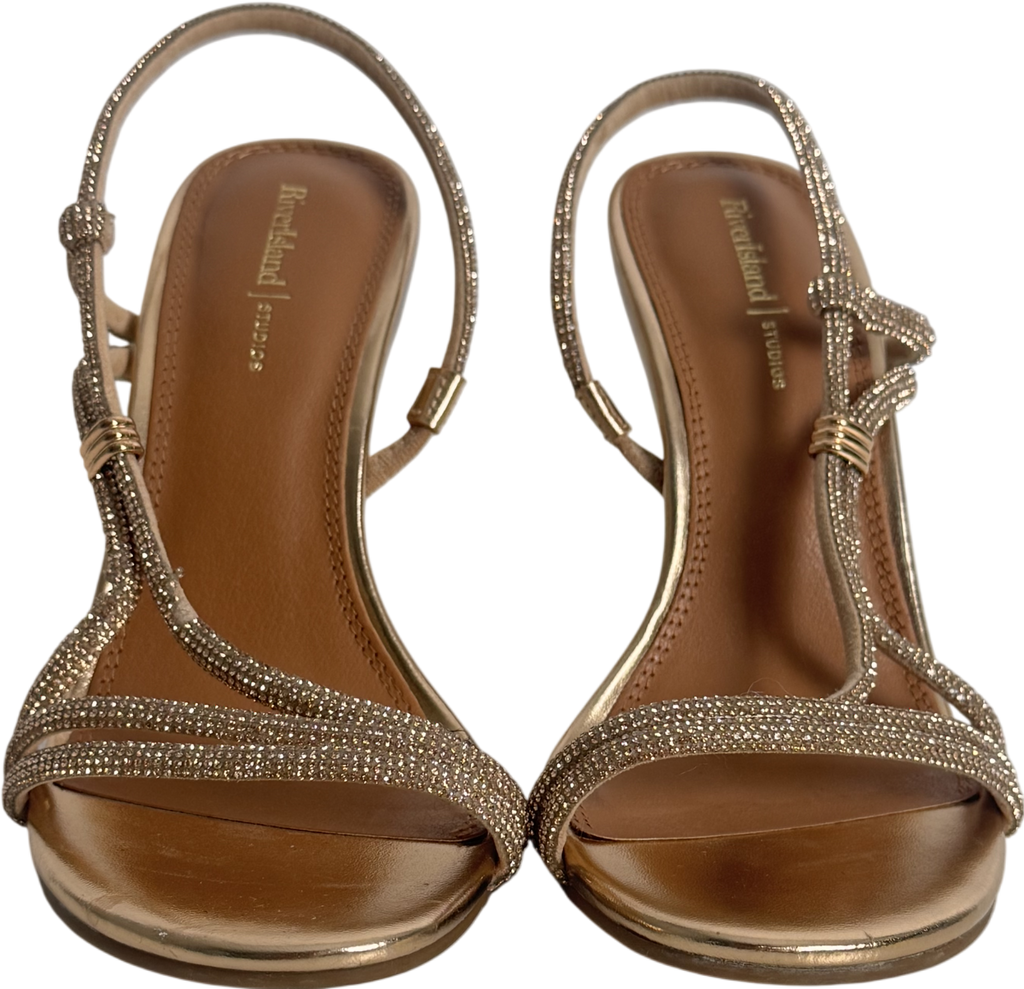 River Island Metallic Rose Gold Diamante Strappy Heeled Sandals UK 3 EU 36 👠