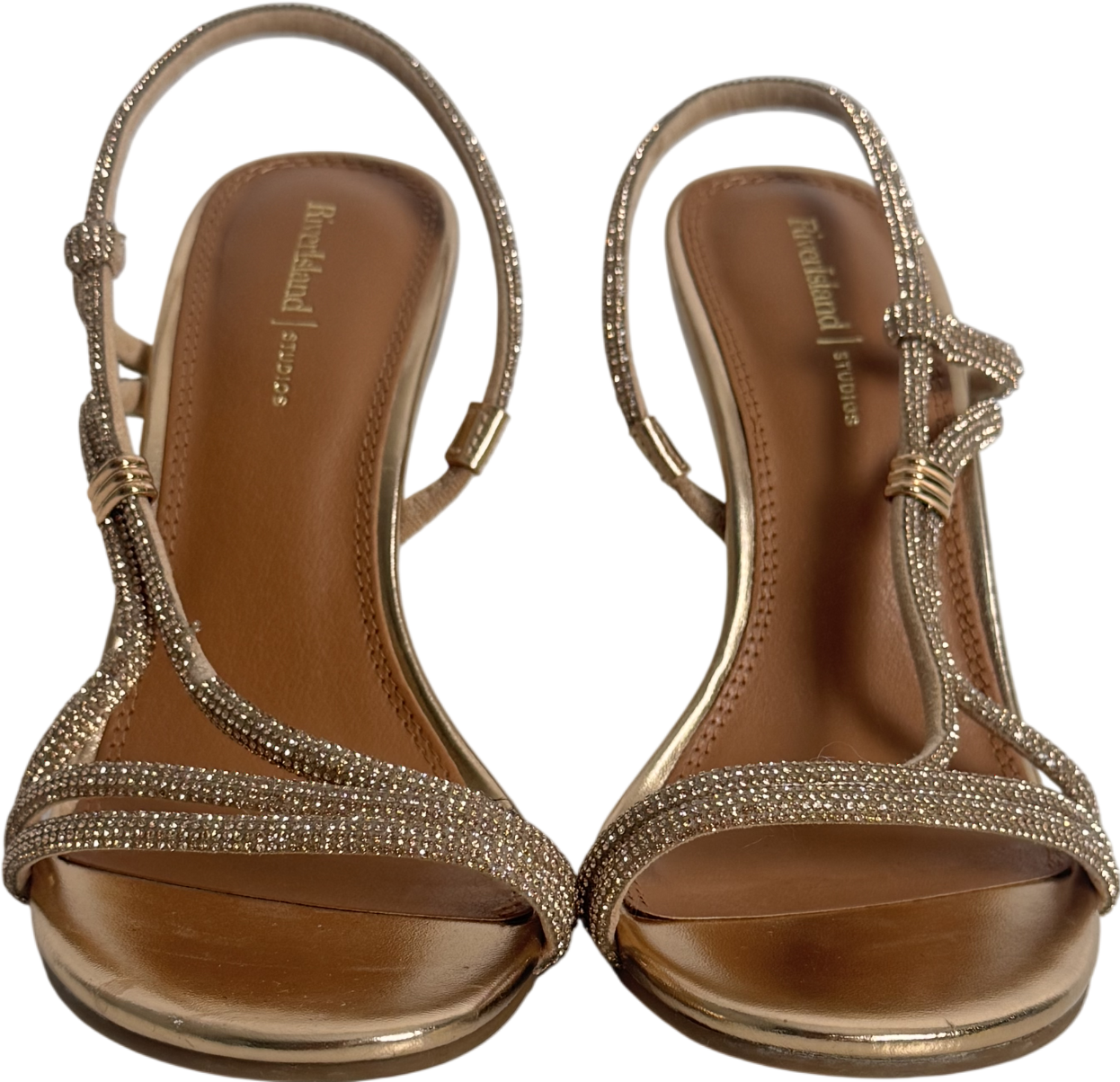 River Island Metallic Rose Gold Diamante Strappy Heeled Sandals UK 3 EU 36 👠