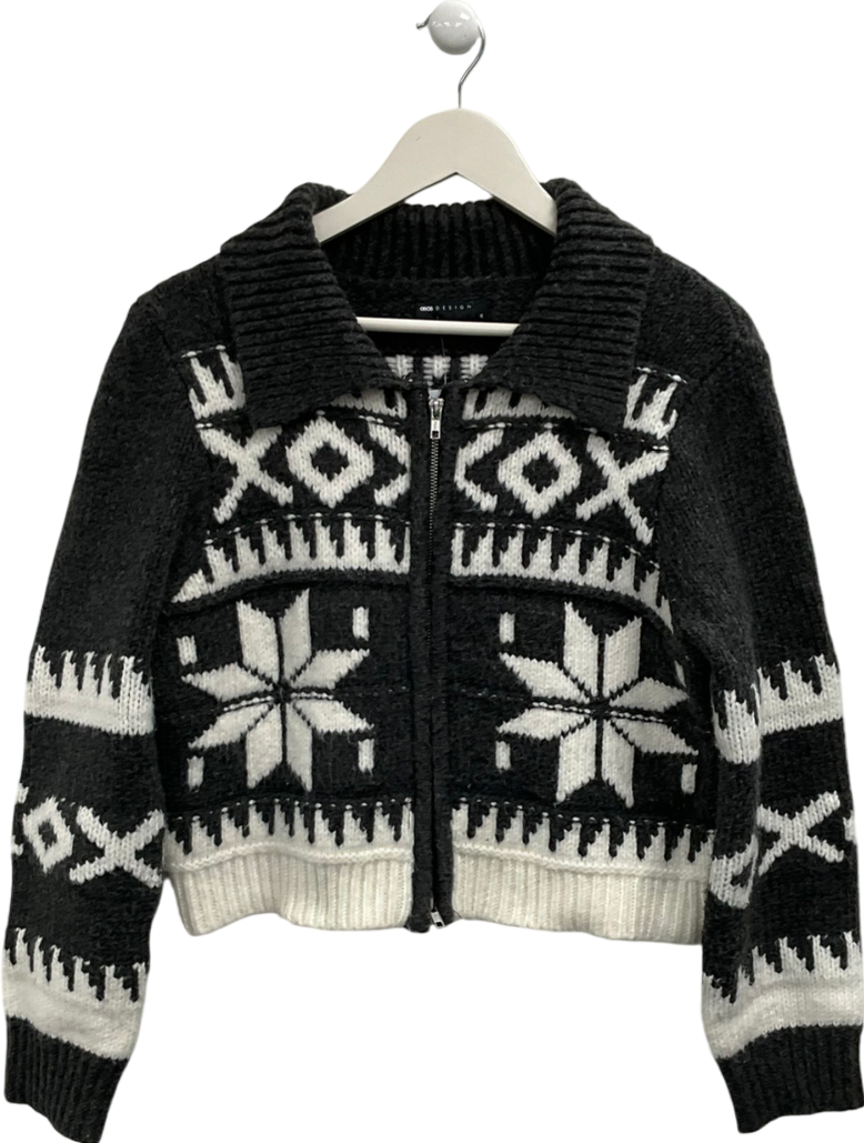 ASOS Grey Knitted Collar Zip Through Cardigan In Fairisle Pattern UK M