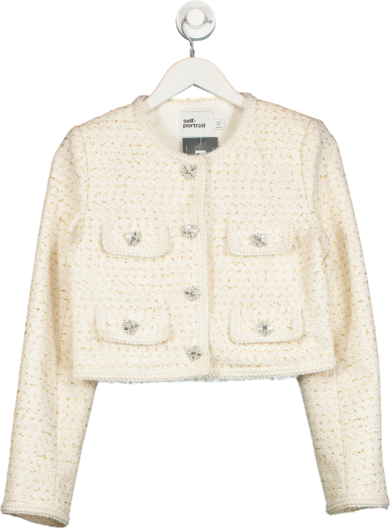Self-Portrait Cream Cropped Crystal-embellished Metallic Tweed Jacket UK 8
