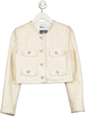 Self-Portrait Cream Cropped Crystal-embellished Metallic Tweed Jacket UK 8