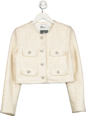 Self Portrait Cream Cropped Crystal-embellished Metallic Tweed Jacket UK 8
