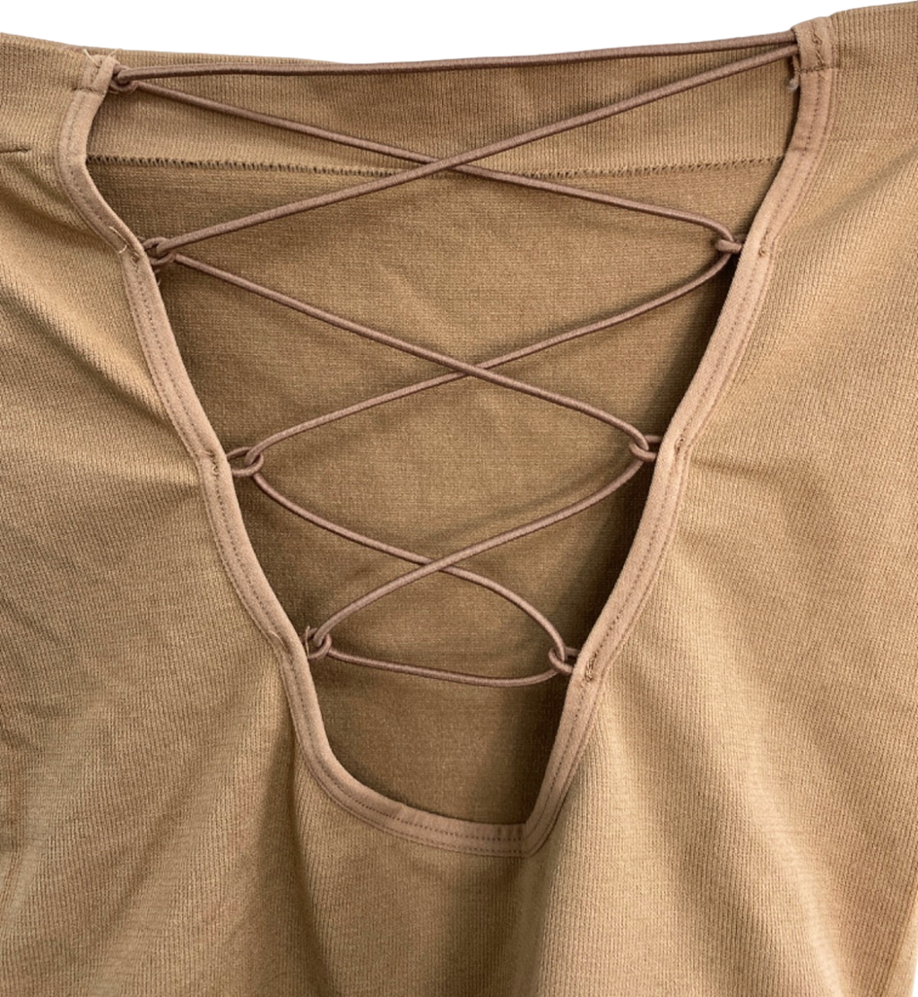 ANWIND Brown Ribbed Thong Bodysuit with Lace-Up Design UK S/M