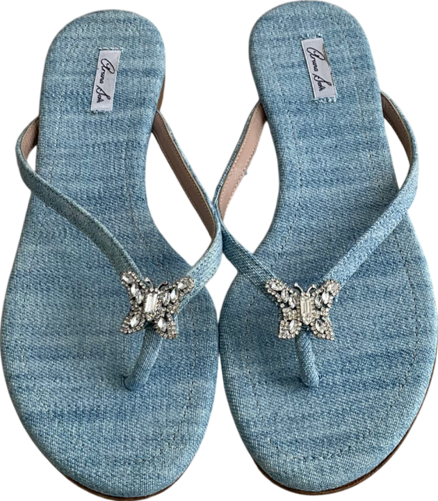 Aruna Seth Blue Farfalla Crystal Butterfly Denim Flip Flop UK 6 EU 39 👠