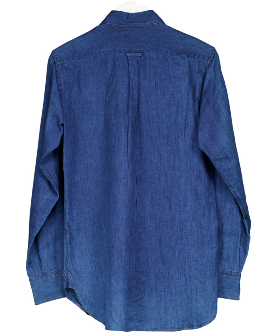 Drake's Blue Mid-blue Washed Denim Cotton /linen Two-pocket Work Shirt UK M