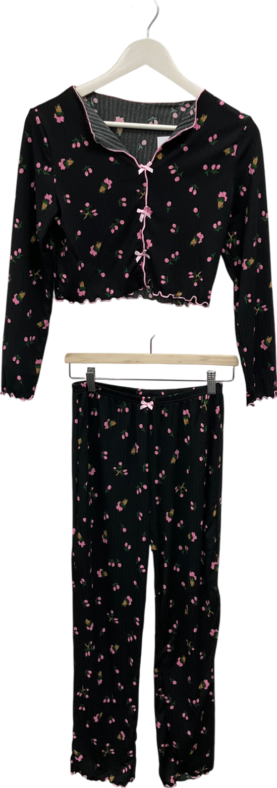 Black Rose Print Pyjama Set UK M