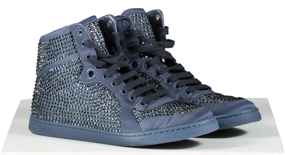 Gucci Blue Satin Crystal Embellished High Top Sneakers UK 5 EU 38 👠