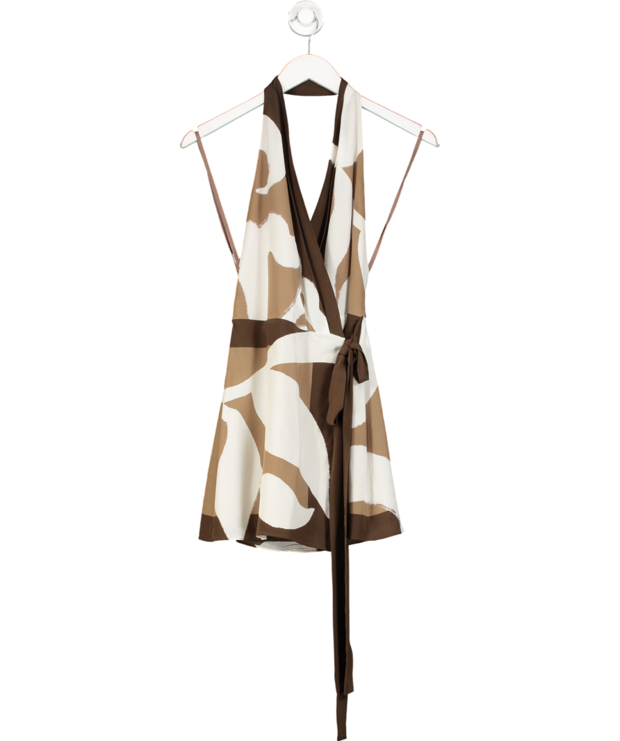 SIR Brown The Label Portia Printed Silk Satin Wrap Dress UK 6
