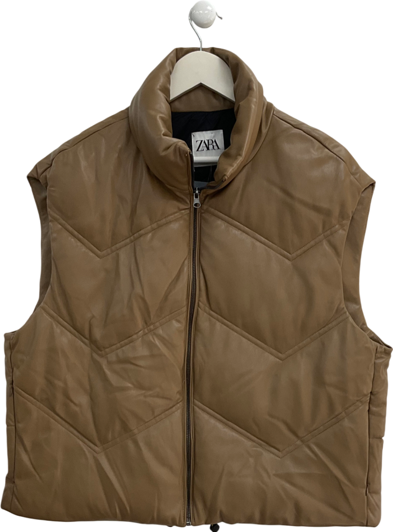 ZARA Brown Faux Leather Puffer Gilet UK L