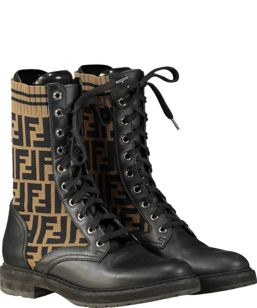 Fendi Monogram Stretch Knit And Black Leather Lace Up Combat Boots UK 4.5 EU 37.5 👠