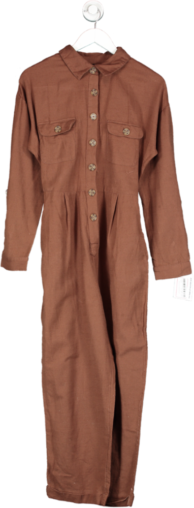 newlook Brown Cotton Belted Button Front Jumpsuit UK 8