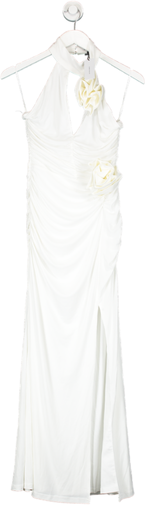 Karen Millen White Drapey Ruched Jersey Rosette Midi Dress UK XS