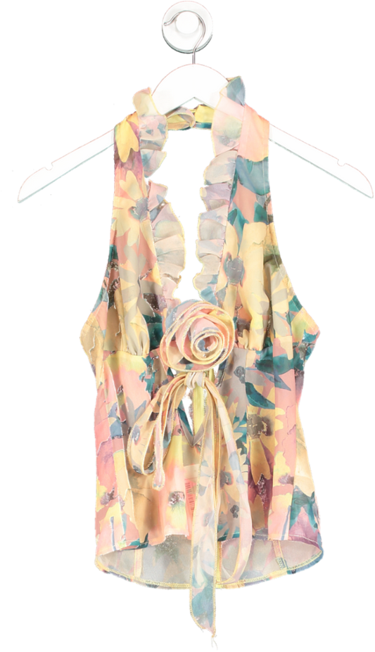 PrettyLittleThing Multicoloured Printed Chiffon Frill Floral Applique Halter Neck Crop Top UK 8