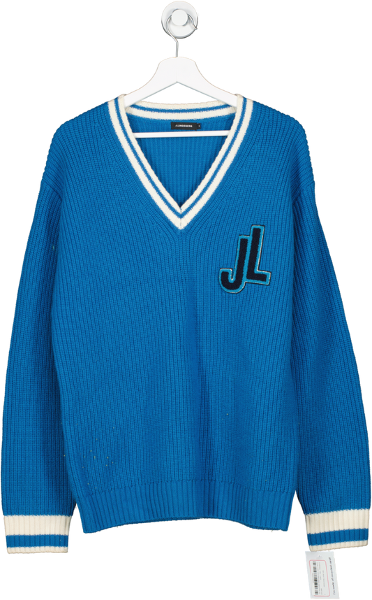 J.Linderberg Blue 100% Wool V Neck Sweater UK M