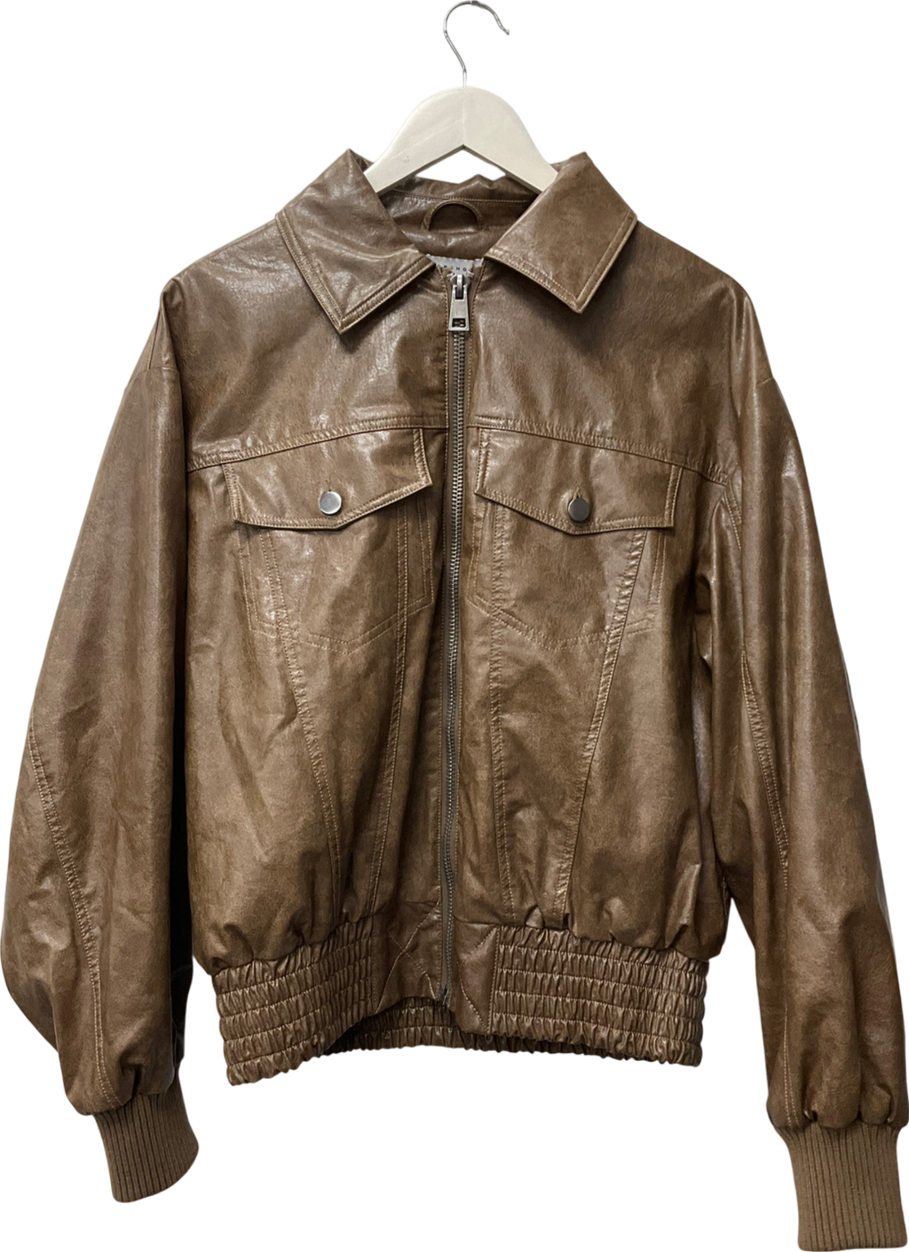 Topshop Faux Leather Bomber Jacket In Washed Brown UK XS